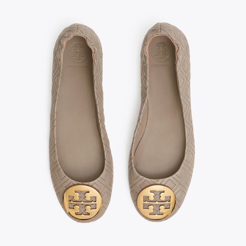 Tory Burch Minnie Travel Ballet Flat Quilted Leather Dust Storm Gold Taupe - Picture 8 of 10